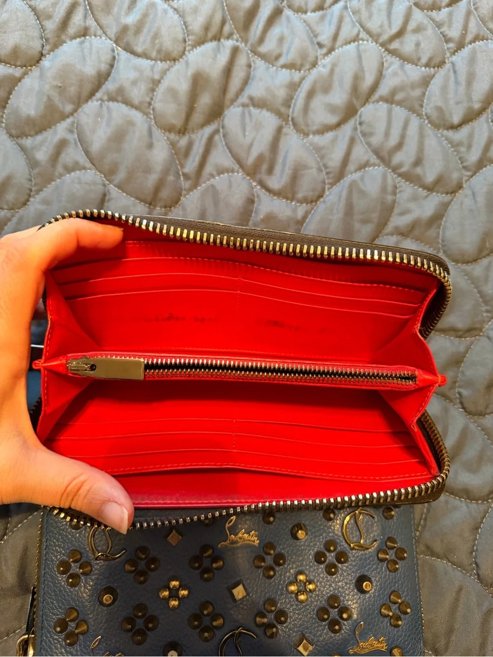 Christian Louboutin Embellished Zip-Around Wallets in Black and Blue - Picture 12 of 16